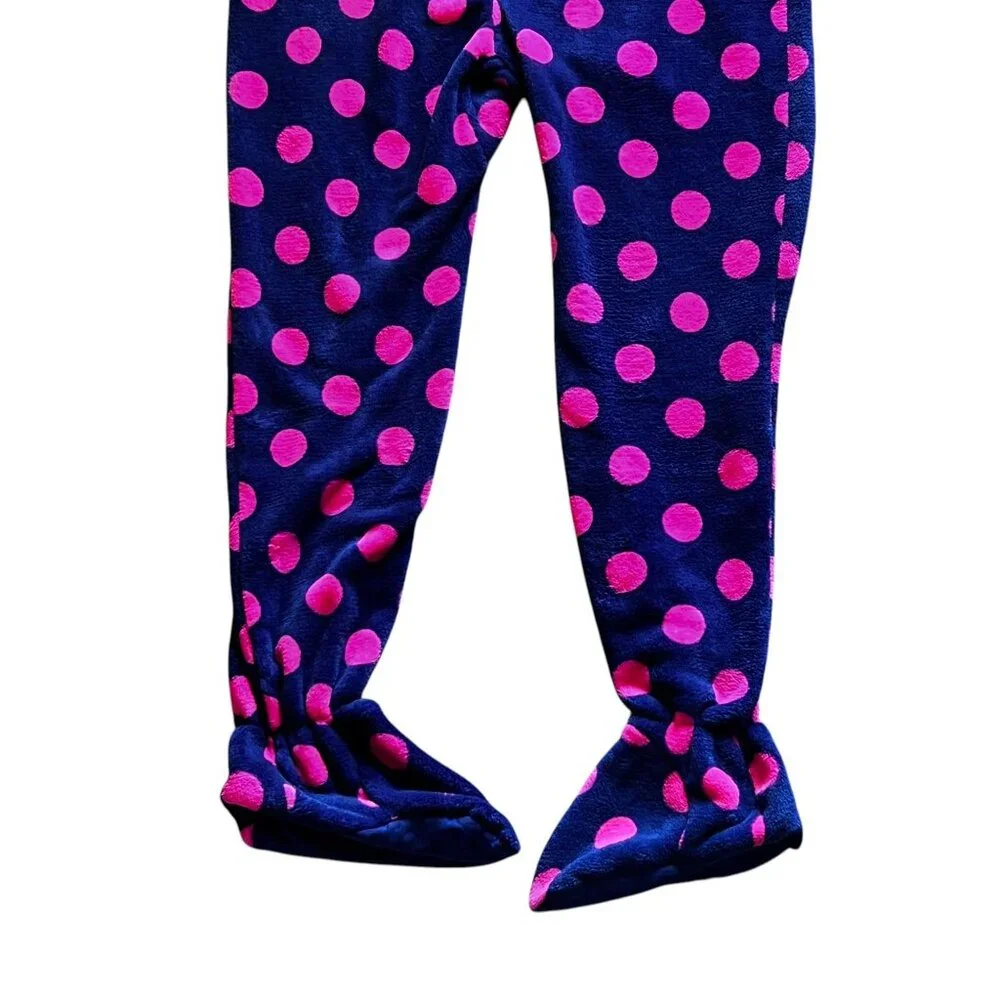 Footed Pajamas Hooded Purple Pink Polka Dot Fleece Zipper Closure Pocket Warm - Picture 5 of 16